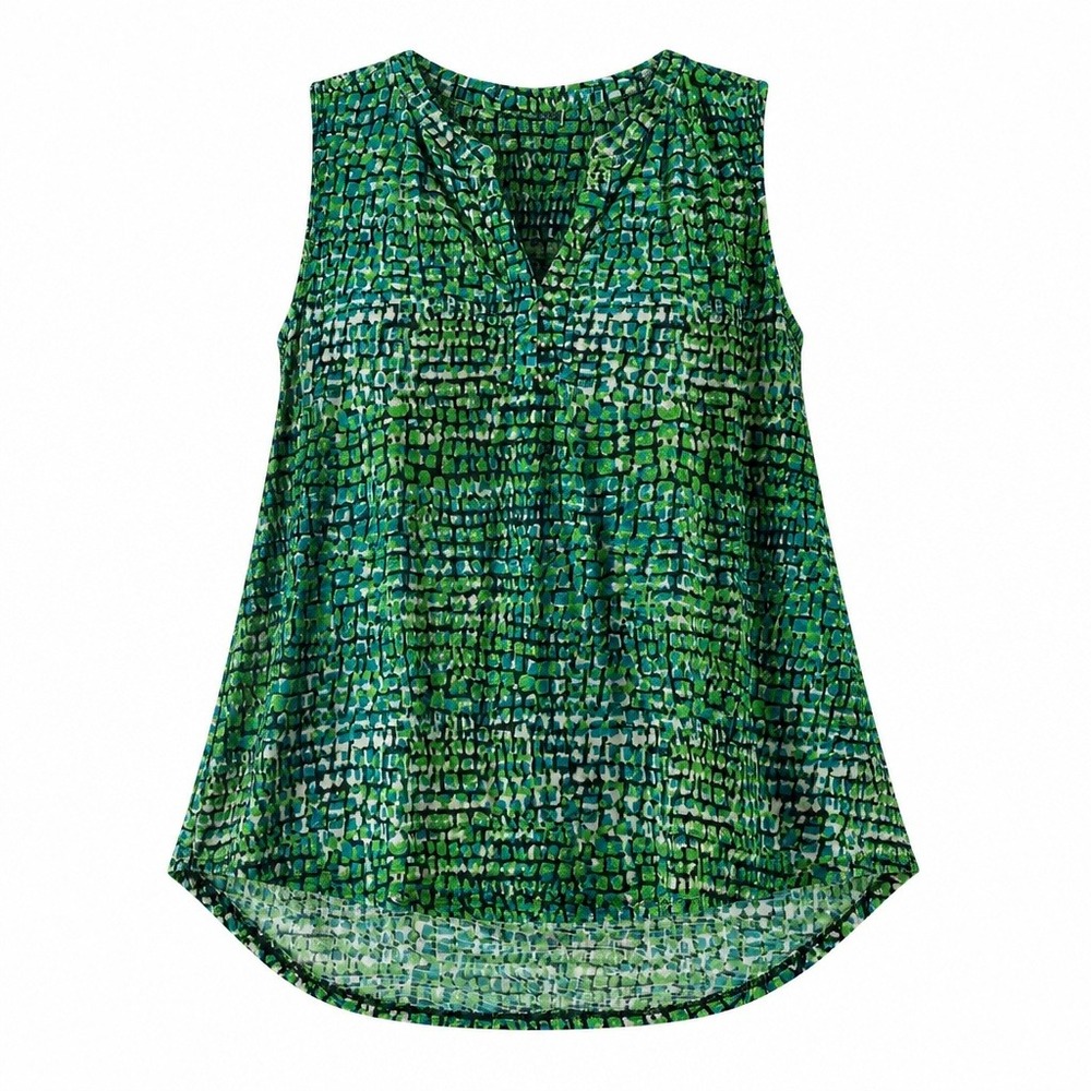 Dana Buchman Green Blue Mosaic Print Sleeveless Blouse XL Button V-Neck Top